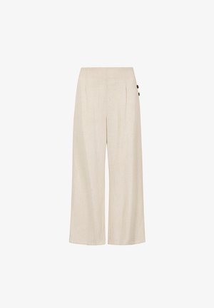Beige Leinen-weit geschnitte Hose mit hoher Taille, vorderen Falten und zwei dekorativen Knöpfen an der Seite für zusätzlichen Aufwand.