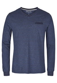 Marineblauw shirt met lange mouwen, voorzien van horizontale blauwe strepen, V-halsontwerp en een borstzak. Katoenen stof met geribbelde manchetten.