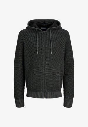 Schwarze Strickhoodie mit durchgehendem Reißverschluss, Kordelzugkapuze, gerippten Bündchen und Saum. Verfügt über ein texturiertes Muster im gesamten Stoff.