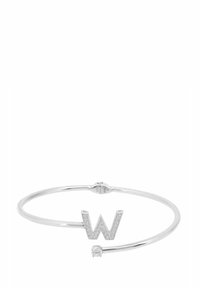 Silver bangle featuring a stylized "W" adorned with diamonds, a smooth, rounded band, and a small decorative stone accent.
