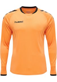 Orange långärmad tröja med svart rundad halsringning, texturerade ärmdekorationer och "hummel"-logotyp fram. Slät tyg.
