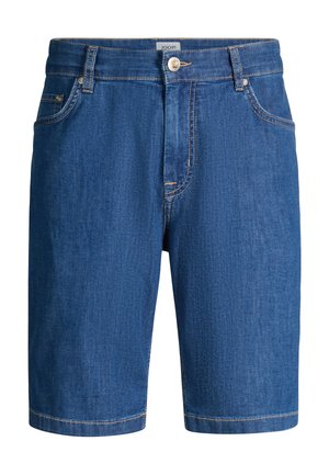 Short en jean bleu avec fermeture devant à boutons et fermeture éclair, passants pour ceinture, poches avant et arrière, étiquette "JOOP !" sur la ceinture.
