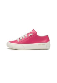 Pink leather sneaker with white rubber sole, silver eyelets, and laces. Features a brand name in embossed text on the side.
