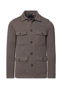 Brązowa kurtka z mieszanki wełny z zapięciem na guziki, z ostrym kołnierzem i czterema przednimi kieszeniami. Posiada fakturowany materiał i drewniane guziki.