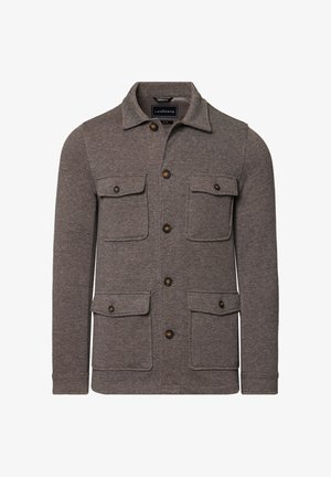 Brązowa kurtka z mieszanki wełny z zapięciem na guziki, z ostrym kołnierzem i czterema przednimi kieszeniami. Posiada fakturowany materiał i drewniane guziki.