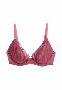 Růžová krajková podprsenka s nastavitelnými ramínky, kosticovým podpěrným systémem a květinovou výšivkou na průhledných síťovaných košíčcích.