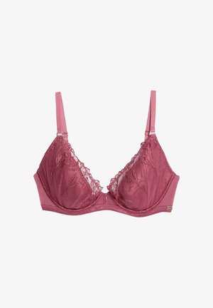 Reggiseno rosa in pizzo con spalline regolabili, supporto con ferretto e ricami floreali su coppe in rete trasparente.
