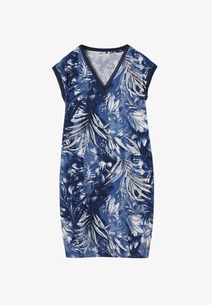 Virágmintás ruha V-nyakkal, rövid ujjal és kék-fehér levélmintával, puha anyagból készült, laza szabású.