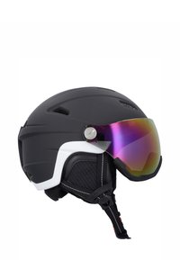 Sort skihjelm med en blank finish, hvide detaljer og en spejlet visir. Har ventilationsåbninger og en struktureret indvendig foret.