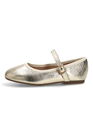 Zapato plano metálico dorado estilo Mary Jane con punta redonda, pulsera ajustable y tacón bajo sobre fondo blanco.