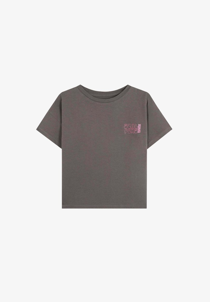 T-shirt grigio scuro a maniche corte in morbido tessuto con una piccola grafica rosa nella zona sinistra del petto. Forma boxy, scollatura a girocollo.