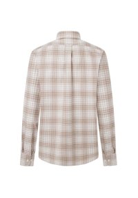 Camisa de manga larga con cuello, que presenta un patrón de cuadros en tonos beige y blanco. Está hecha de una tela ligera con puños abotonados y un pliegue en la parte trasera.