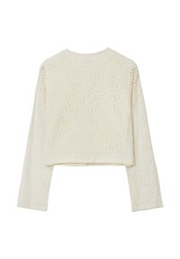 Gehäkelter, hellcremfarbener Pullover mit langen Ärmeln, Rundhalsausschnitt und cropped Saum. Verfügt über ein aufwendiges offenen Muster über das gesamte Kleidungsstück.