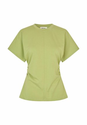 Lichtgroen, nauwsluitend T-shirt met korte mouwen, centrale naad en lichte plooien bij de taille, ronde halslijn.