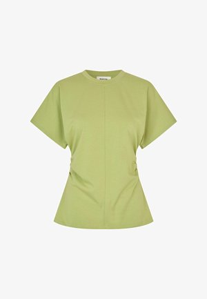 Lichtgroen, nauwsluitend T-shirt met korte mouwen, centrale naad en lichte plooien bij de taille, ronde halslijn.