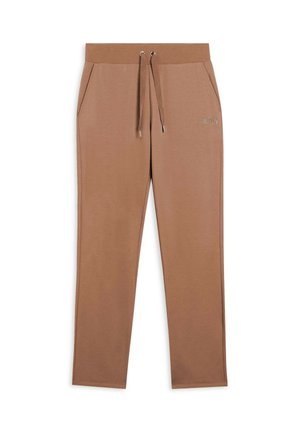 Pantaloni della tuta marroni realizzati in materiale morbido, dotati di una cintura elastica con cordoncino, tasche laterali e un dettaglio logo discreto sulla gamba.