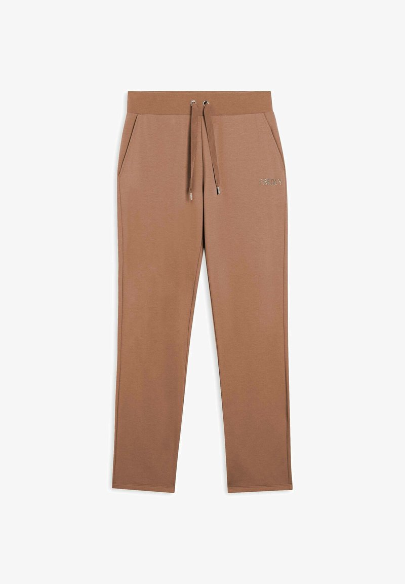 Pantaloni della tuta marroni realizzati in materiale morbido, dotati di una cintura elastica con cordoncino, tasche laterali e un dettaglio logo discreto sulla gamba.