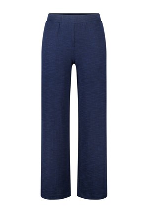Pantalon à jambes larges bleu marine avec motif texturé subtil, taille élastique et ourlet droit, présenté sur fond blanc.