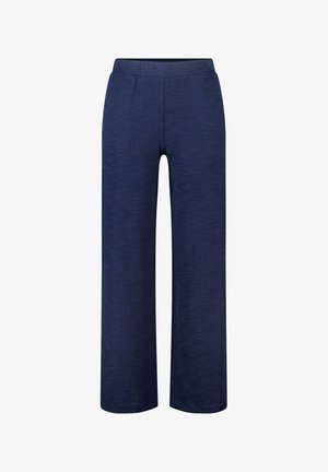 Marineblauwe wijde broek met subtiel textuurpatroon, elastische tailleband en rechte zoom, getoond tegen een witte achtergrond.