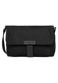 Borsa a tracolla nera in nylon con patta pieghevole, accentata da pelle texturizzata e un logo. Presenta una tracolla removibile per maggiore versatilità.