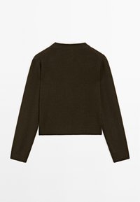 Dunkelbrauner, langärmeliger Strickpullover mit Rundhalsausschnitt, flach ausgelegt und die Rückseite auf einem weißen Hintergrund zeigend.