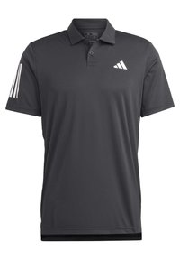 Dunkelgraues Polohemd mit einem Kragen, aus glattem Stoff gefertigt, mit weißem adidas-Logo und drei weißen Streifen auf dem linken Ärmel.