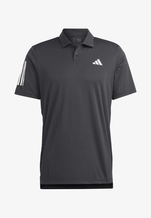 Donkergrijze polo met kraag, gemaakt van glad stof, met een wit adidas-logo en drie witte strepen op de linkermouw.
