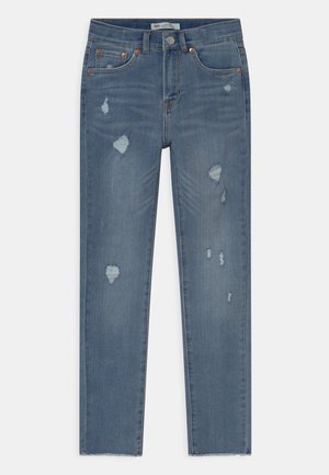 Hellblaue Jeans aus Denim mit geradem Bein, ausgestattet mit abgenutzten Details, ausgefranstem Saum und Kupferbeschlägen.