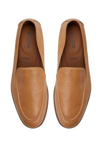 Light brown leather loafers with a smooth texture, rounded toe, stitched detailing, and a slip-on design. ALDO branding on the insole.