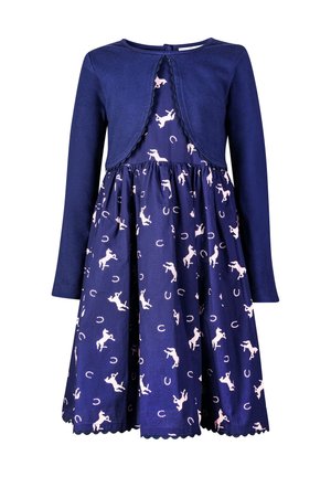 Marineblaues langärmeliges Kleid mit passendem Bolero, mit pinkfarbenen Pferde- und Hufeisenmustern auf Rock und Oberteil.