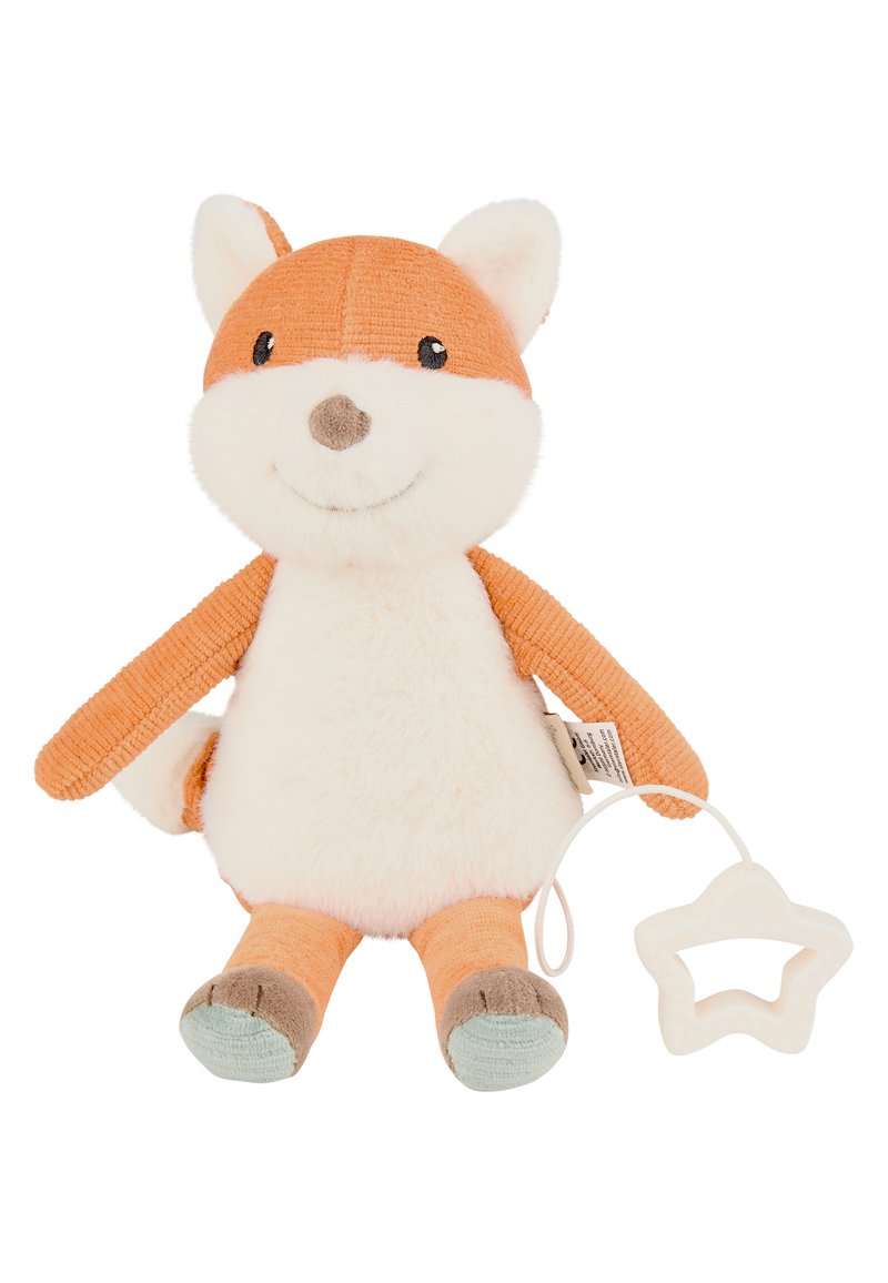 Stuffed fox toy with an orange corduroy head and limbs, a white fluffy body, and a star-shaped teether attached by a string.