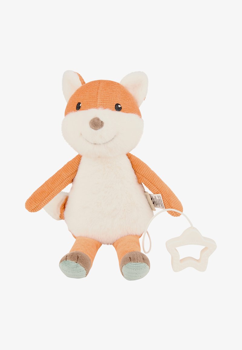 Giocattolo volpe imbottito con testa e arti in corduroy arancione, corpo soffice bianco e un morditore a forma di stella attaccato da un cordino.