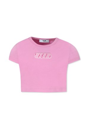 T-shirt cropped rosa realizzato in cotone, con maniche corte e logo ricamato testurizzato al centro. Tessuto liscio e leggero.