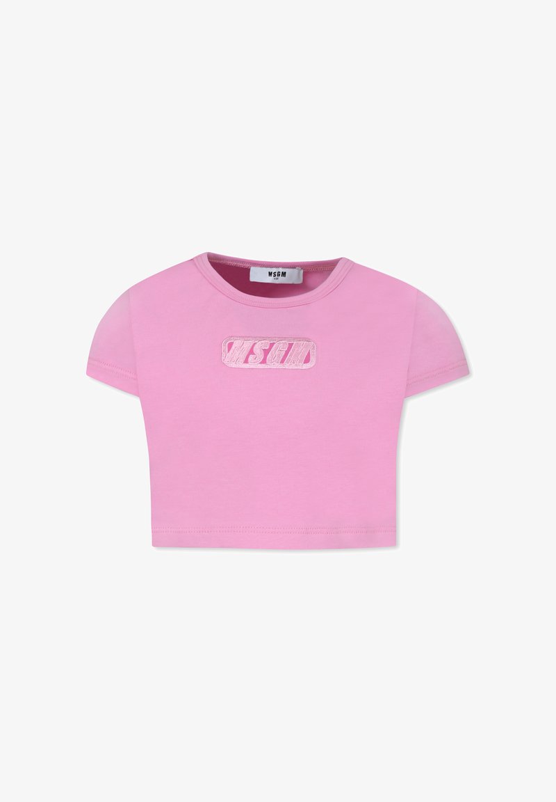 T-shirt cropped rosa realizzato in cotone, con maniche corte e logo ricamato testurizzato al centro. Tessuto liscio e leggero.