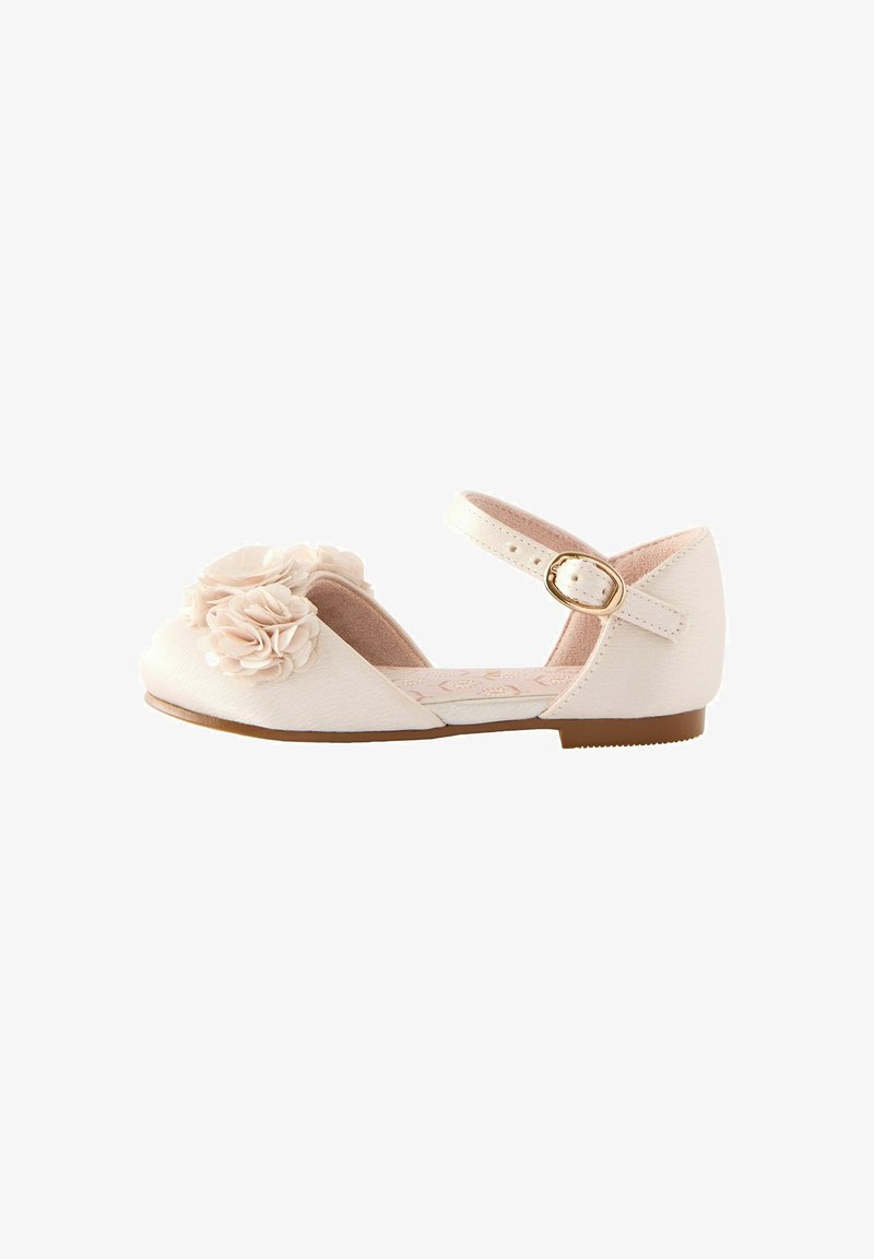 Helle rosa Ballerinas mit floralen Verzierungen an der Zehenpartie. Besitzt einen Knöchelriemen mit einer goldenen Schnalle und ein strukturiertes Obermaterial.