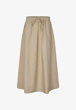 Beige, knælang nederdel lavet af letvægtsstof. Har en elastisk talje med snor og et enkelt, flydende design.