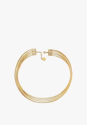 Goldene Mehrstrang-Halskette mit geflochtenem Design, glatter Textur und einem Karabinerverschluss mit einer verstellbaren Kettenverlängerung.