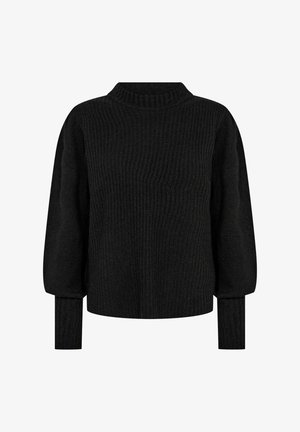 Fekete kötött pulóver bordázott textúrával, magas nyakkal és ballon ujjakkal. Illeszkedő mandzsettákkal és laza szabással rendelkezik.