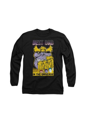 Schwarzes Langarmshirt mit einem grafikdesign eines lila Charakters mit einem goldenen Helm, der Text lautet "BESSTER PAPA IM UNIVERSE."