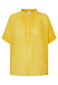 Blusa gialla a maniche corte realizzata in tessuto leggero. Caratterizzata da un colletto rialzato, chiusura frontale con quattro bottoni e una leggera plissettatura.