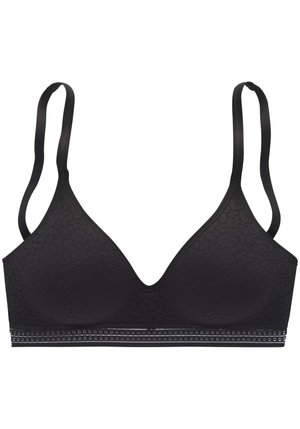 Zwarte kanten bralette met een V-hals ontwerp, verstelbare bandjes en een decoratieve band met kleine studs langs de onderkant.
