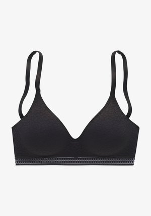 Zwarte kanten bralette met een V-hals ontwerp, verstelbare bandjes en een decoratieve band met kleine studs langs de onderkant.