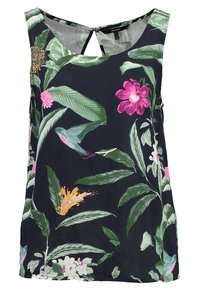 Top senza maniche floreale con sfondo scuro, caratterizzato da foglie e fiori colorati, scollatura rotonda e un piccolo dettaglio a chiave sul retro.