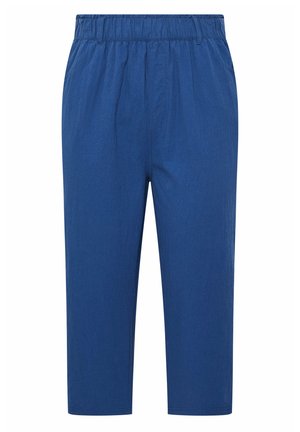 Blauwe broeken met elastische taille, zijzakken, rechte pijpen en riemlussen, ontworpen voor casual gebruik.