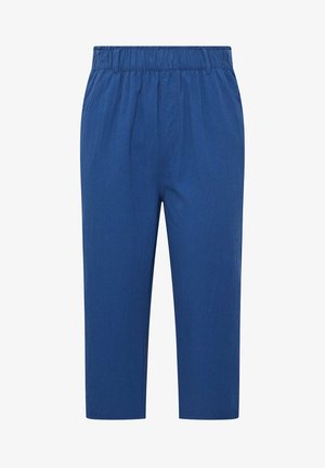 Pantalon à taille élastique bleue avec poches latérales, jambes droites et passants de ceinture, conçu pour un usage décontracté.
