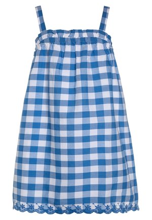 Niebiesko-biała sukienka w kratę gingham, bez rękawów, z marszczonym dekoltem i falowanym dołem z haftem kwiatowym.