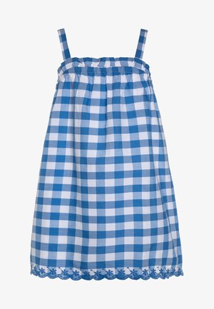 Niebiesko-biała sukienka w kratę gingham, bez rękawów, z marszczonym dekoltem i falowanym dołem z haftem kwiatowym.