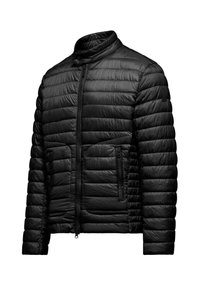 Giacca a vento nera con colletto rialzato, motivo trapuntato orizzontale, chiusura frontale con zip e due tasche con zip sui lati anteriori.