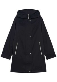 Giacca impermeabile nera con cappuccio, cerniere argentate, bottoni a scatto e due tasche frontali. Presenta una linea dritta e maniche lunghe.