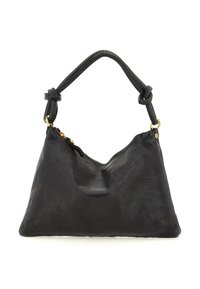 Borsa a spalla in pelle nera con cinturini annodati e hardware dorato, caratterizzata da una texture morbida e leggermente stropicciata e una chiusura a zip superiore.